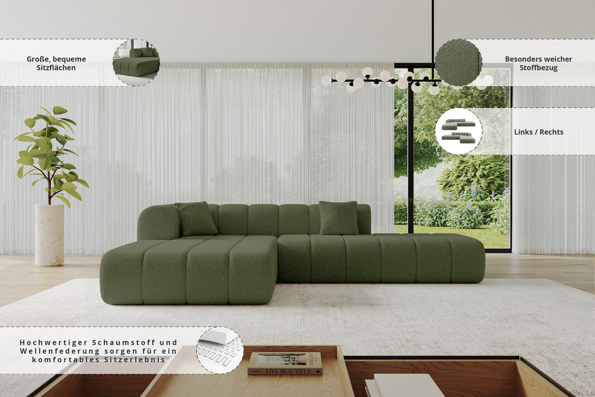ROHOVÁ SEDAČKA s otomanem, levá BILA-L 289x176x71 Zelená Buklé - černá/zelená barva, kompozitní dřevo/textil (176/289cm) - ALTDECOR