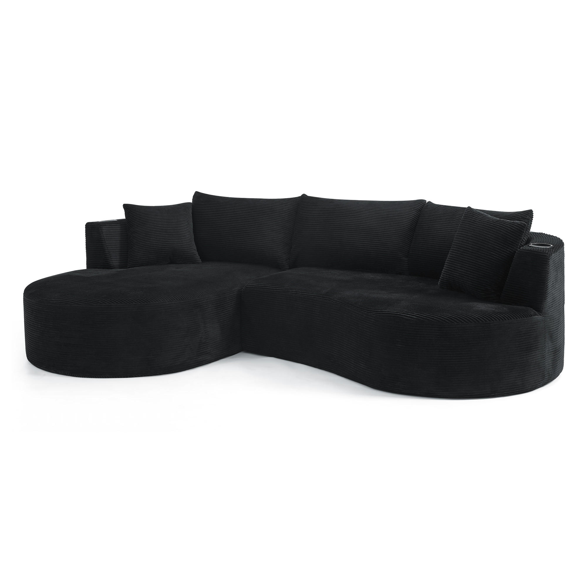 3-SITZER ECKSOFA Cord Schwarz mit Getränkehaltern und Kissen - Schwarz, Textil (264/168cm) - WISHDOR