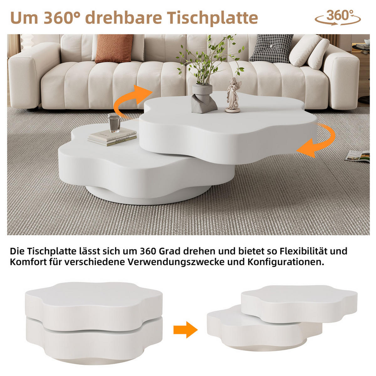 COUCHTISCH 75x68cm Cremeweiß Blumenform 360° Drehbar Doppelschicht 30kg - Weiß, Holz (83/77/25.5cm) - FLIEKS