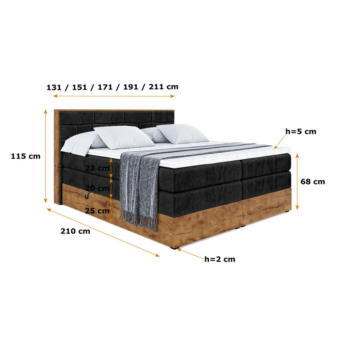 BOXSPRINGBETT mit Matratze H3|H4 und Lattenrost - LOLLI8 KING-160x200 - Schwarz Casablanca - Schwarz, Holzwerkstoff (160/200cm) - ALTDECOR