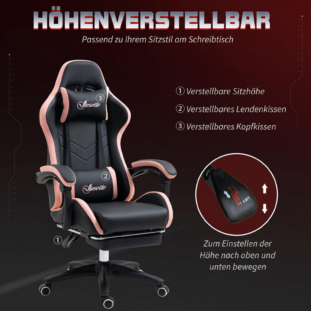 GAMINGSTUHL mit Kopf- und Lendenstütze Rosa + Schwarz - Schwarz, Kunststoff (65/129/65cm)