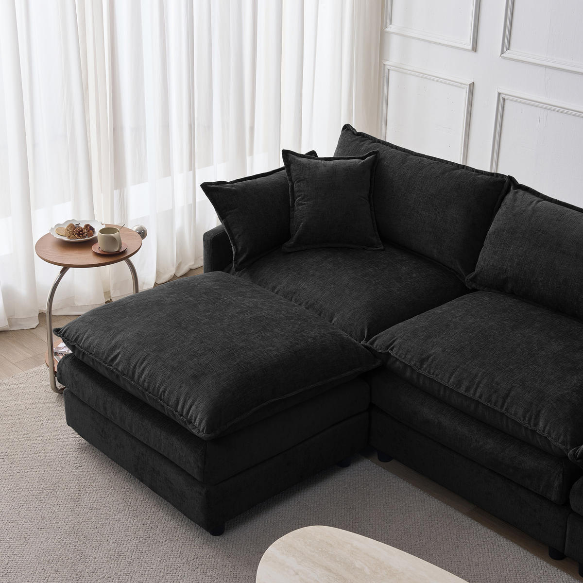 ECKSOFA L-Form 3-Sitzer mit Hocker Chenille Schwarz - Schwarz, Holz (154/267cm) - Meubliv