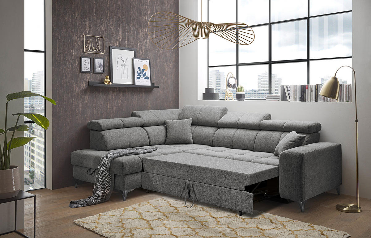 ECKSOFA mit Schlaffunktion - Webstoff - Anthrazit/Schwarz, Kunststoff/Textil (282/198cm) - home24