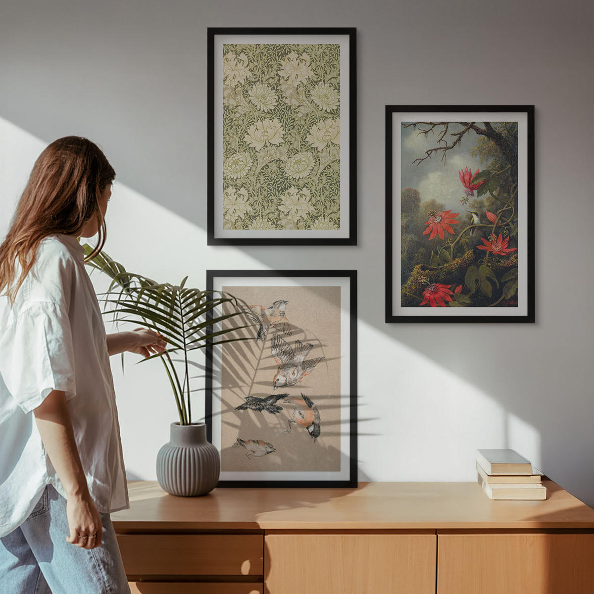 BILDER SET 3er Set - 40x60 cm Schwarzer Rahmen - Blumen, Vögel, Natur - Schwarz, Kunststoff (40/60cm) - TULUP