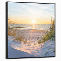 LEINWAND Bilder mit Rahmen - Strand - Sonne - Düne - Gras - Sand - Horizont - 90x90 - Hellblau, Textil (90/90cm) - MuchoWow