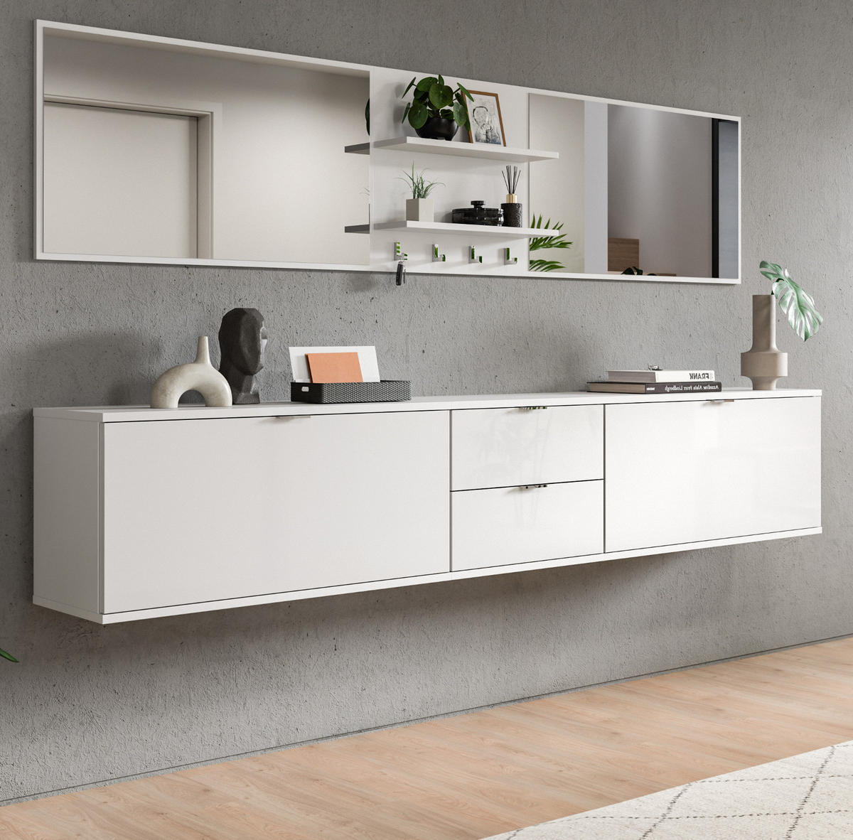 GARDEROBE Set 6-teilig weiß Hochglanz 236 cm, Flurgarderobe hängend - Chromfarben/Weiß Hochglanz, Glas/Holzwerkstoff (236/193/34cm) - Inn.Furn