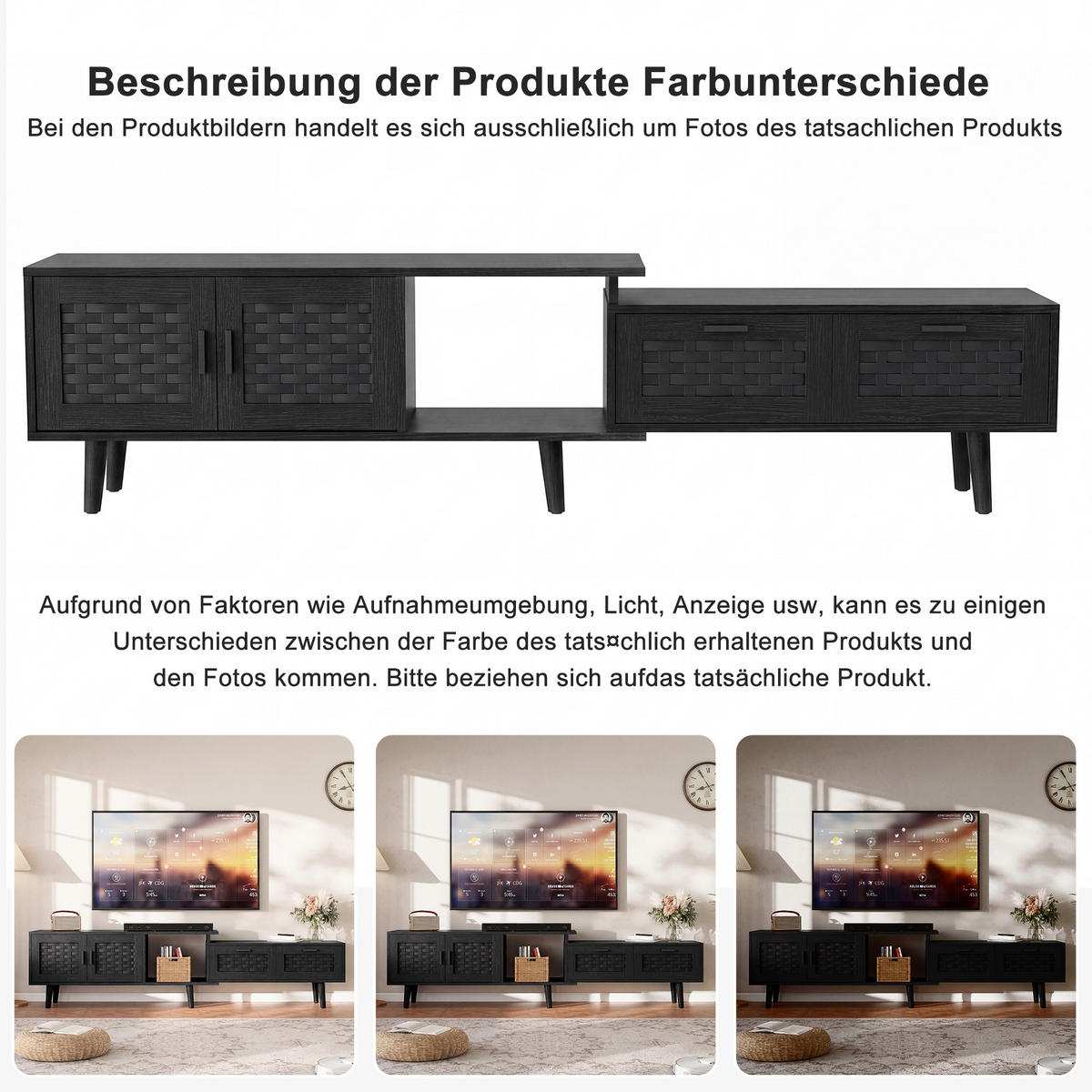 TV LOWBOARD ausziehbar 146–180 cm 2 Türen 2 Schubladen schwarz - Schwarz, Holz (180/44/29.8cm) - LEBENLANG