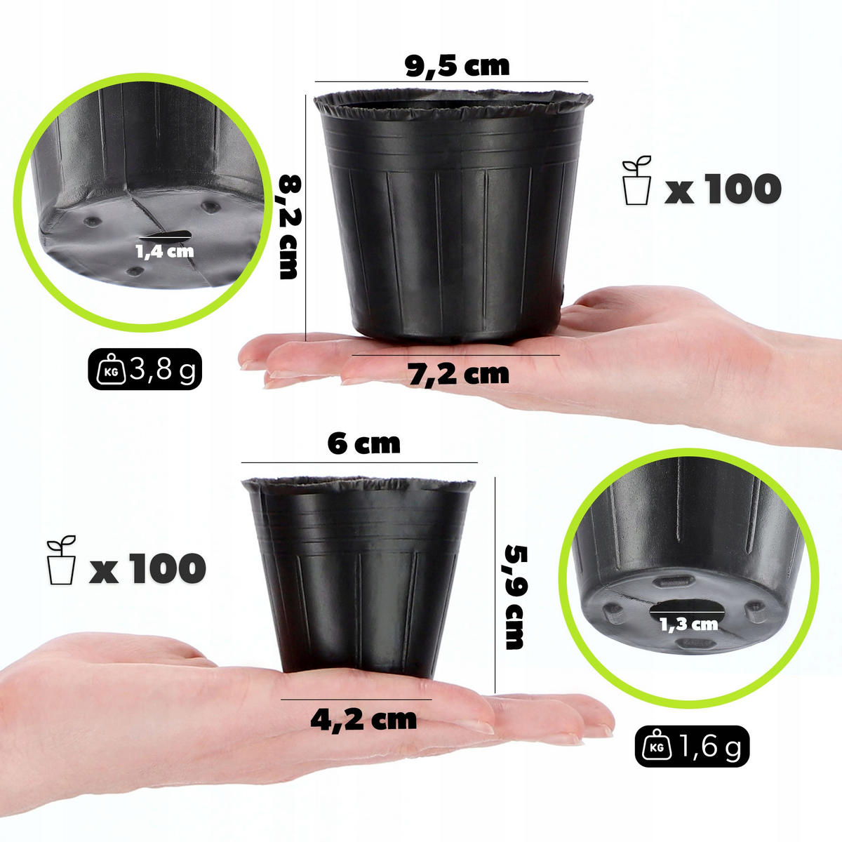 BLUMENTOPF für Setzlinge, 200 Stück - 100x ∅ 6cm und 100x ∅ 9,5cm, Schwarz - Schwarz, Kunststoff - KADAX