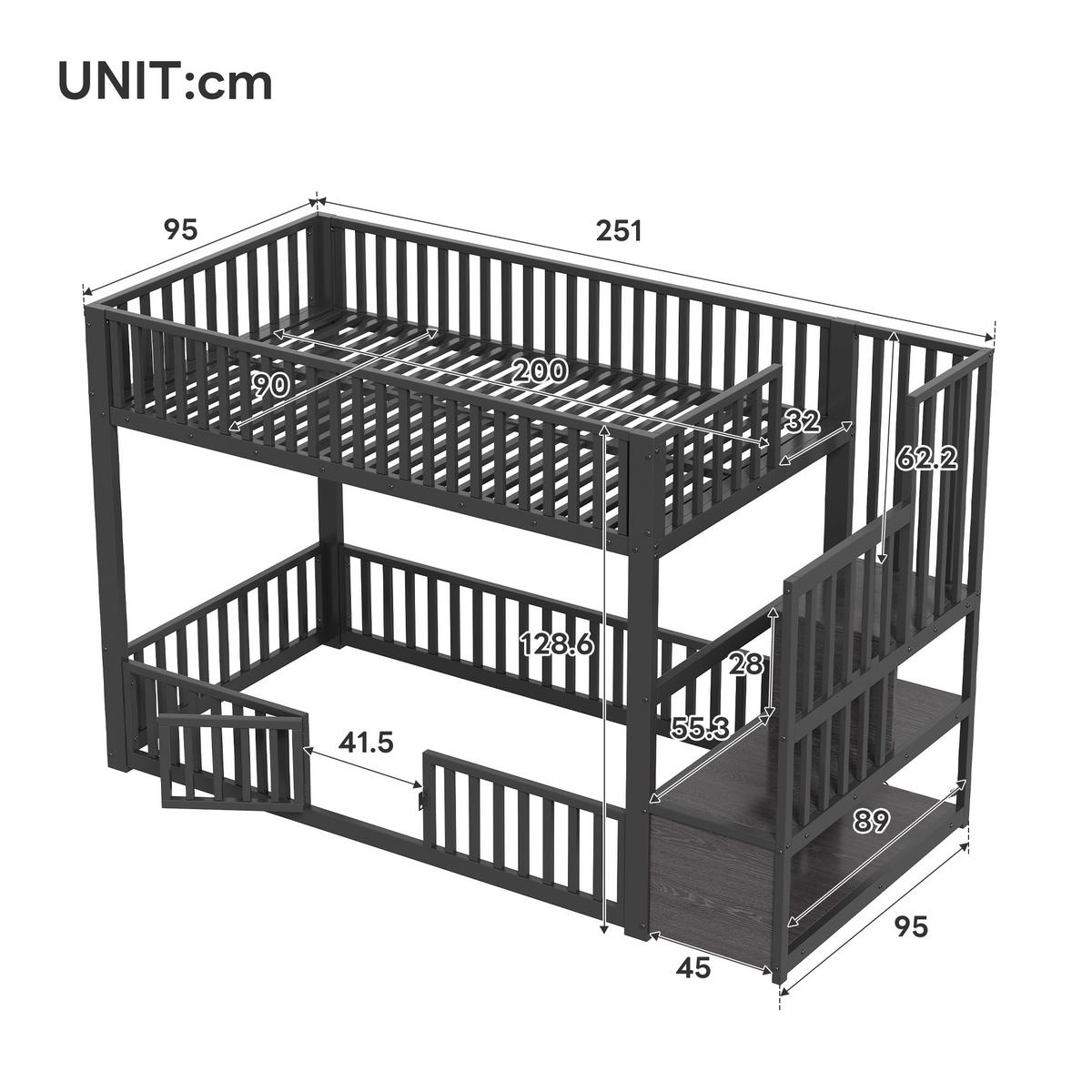ETAGENBETT 90/200 cm Schwarz mit Stauraumleiter und LED - Schwarz, Metall (90/200cm) - Oxeza