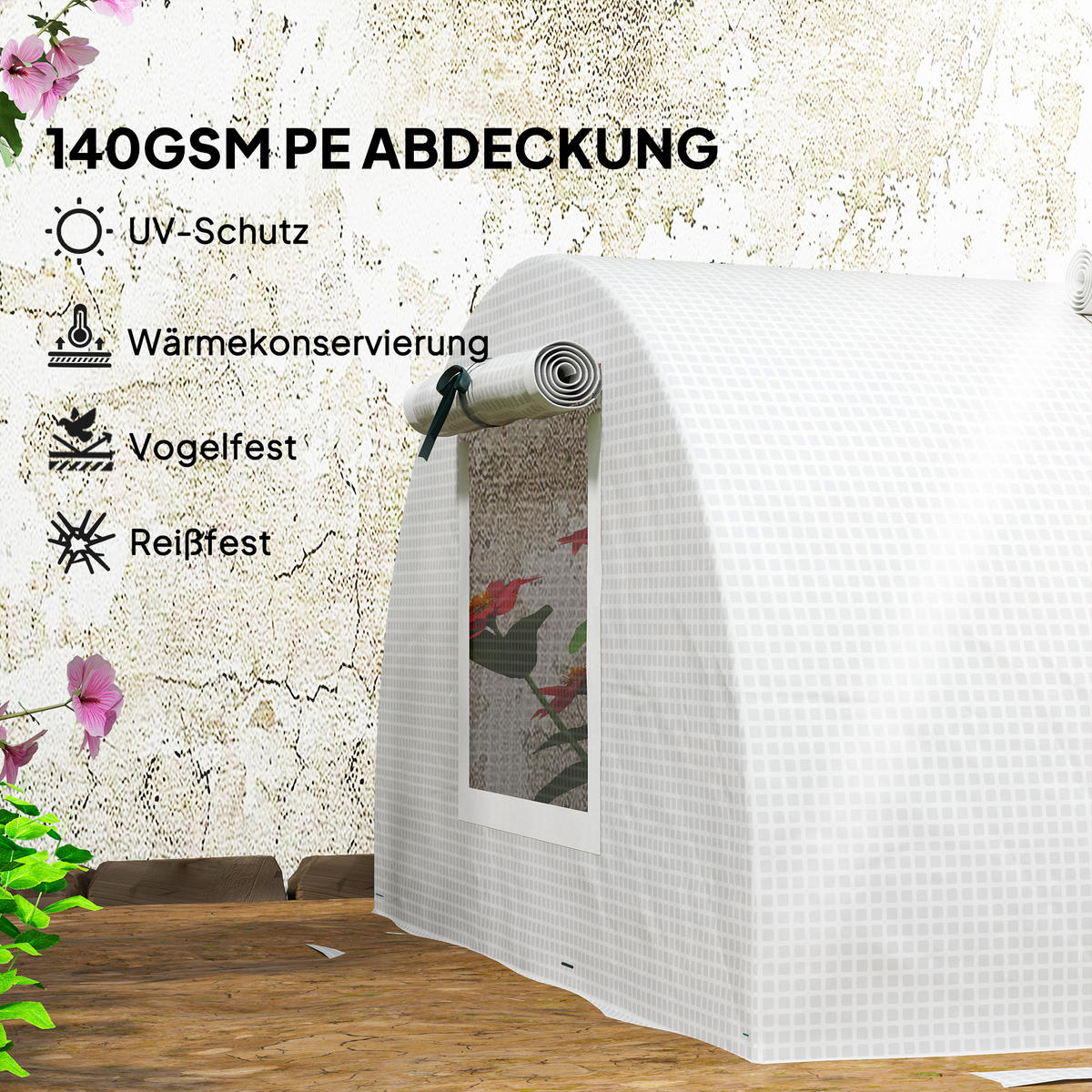 FOLIENGEWÄCHSHAUS DE-05714 Mini-Tunnel, Netz-Fenster, UV-beständig Weiß - Weiß, Kunststoff/Metall (80/45/300cm) - ComfortXL