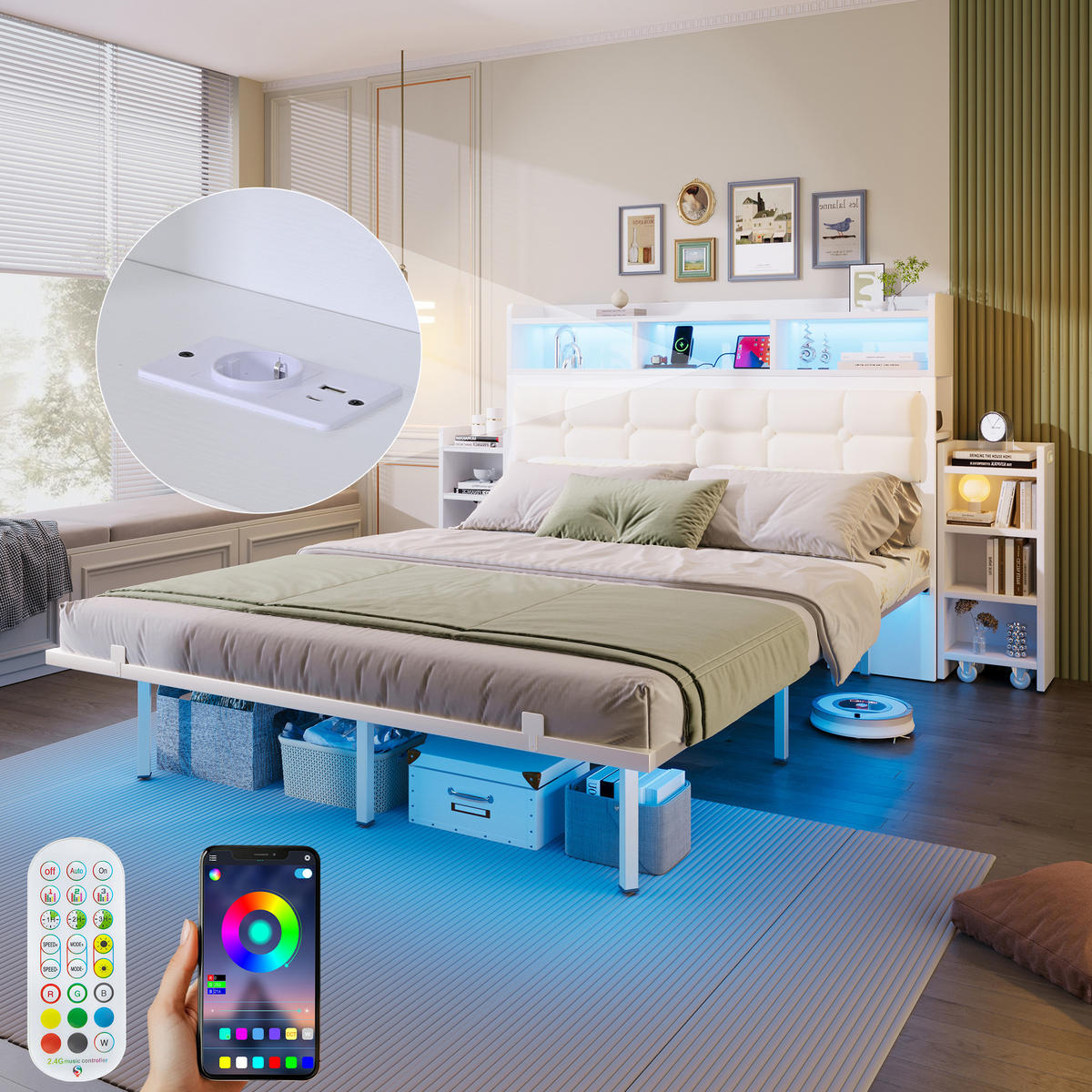 BETT 140x190 cm LED USB Ablage weiß - Weiß, Metall (140/190cm) - LEBENLANG