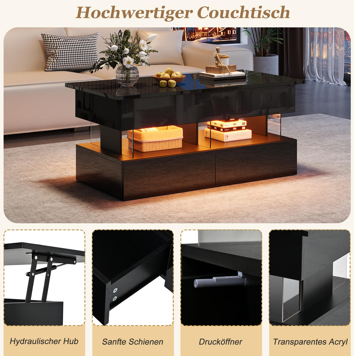 COUCHTISCH aus MDF 100x50x46 cm Schwarz mit Hubfunktion, LED-Beleuchtung und 2 Schubladen - Schwarz, Holzwerkstoff (100/50/46cm) - IVMEU