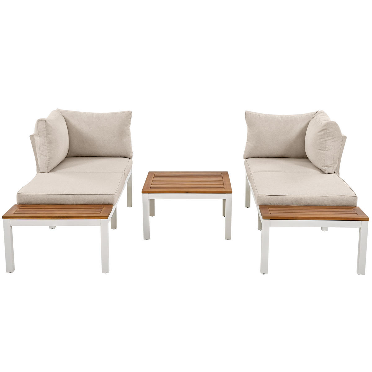 LOUNGEGARNITUR 5-tlg. Stahl & Akazie Beige Gartensofa mit Tisch & Beistelltischen - Beige, Metall - Urban Meuble