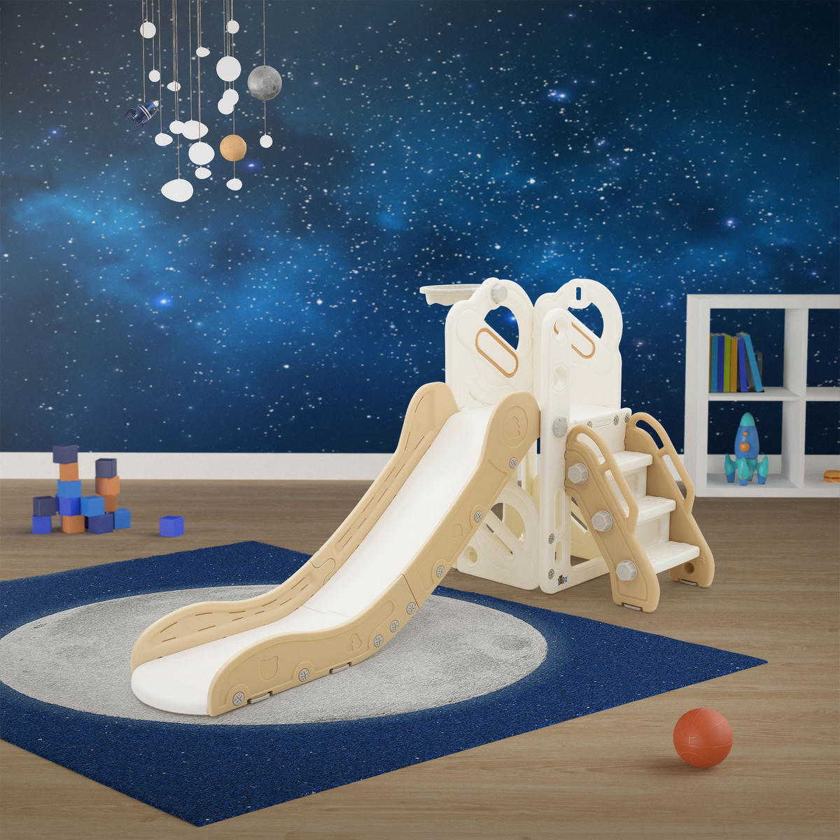KINDERRUTSCHE 3 in 1 Kleinkinderrutsche mit Turm und Basketballkorb Weiß-Beige - Beige, Kunststoff (153/85.5/91cm) - Joyz