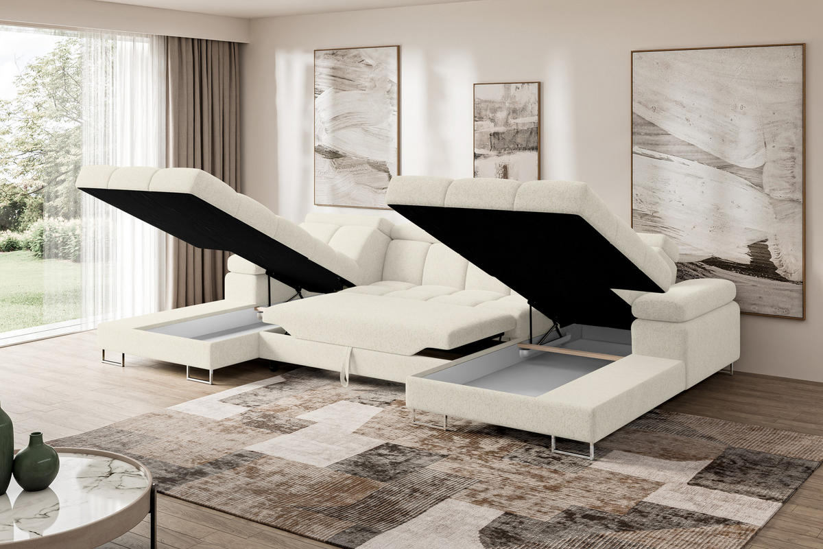 WOHNLANDSCHAFT mit Schlaffunktion und Bettkasten COMA U2 345x203x79 Creme Velours - Creme, Holzwerkstoff/Textil (345/79/203cm) - ALTDECOR