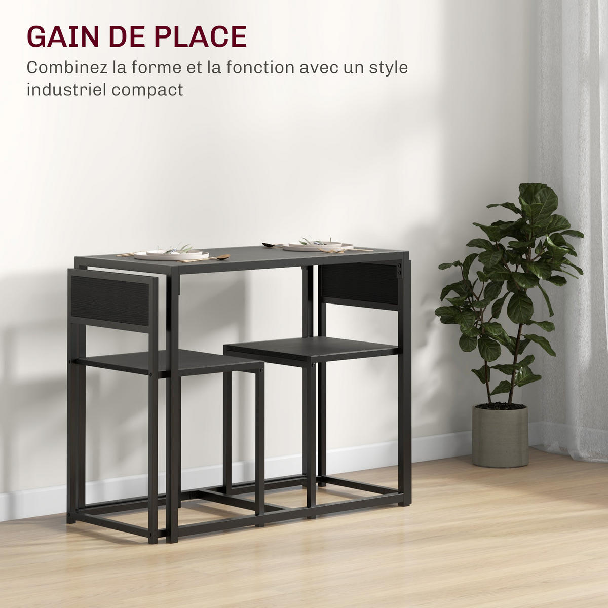 ESSTISCH- und Stuhlset, 3-teilig mit 2 stapelbaren Stühlen, für Küche, Wohnzimmer, Zuhause, schwarz - Brombeere, Metall (90/76/47cm)