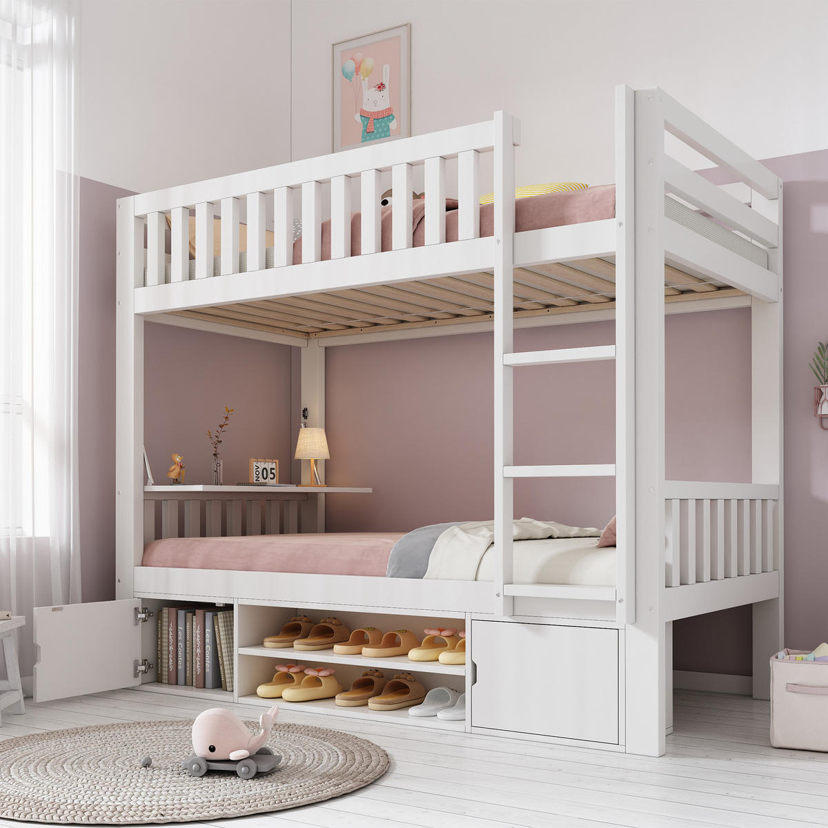 ETAGENBETT 90/200 cm & 90/200 cm in Weiß mit klappbarer Tischplatte, Schuhregal und Schränken - Weiß, Holzwerkstoff (90/200cm) - STILVORA