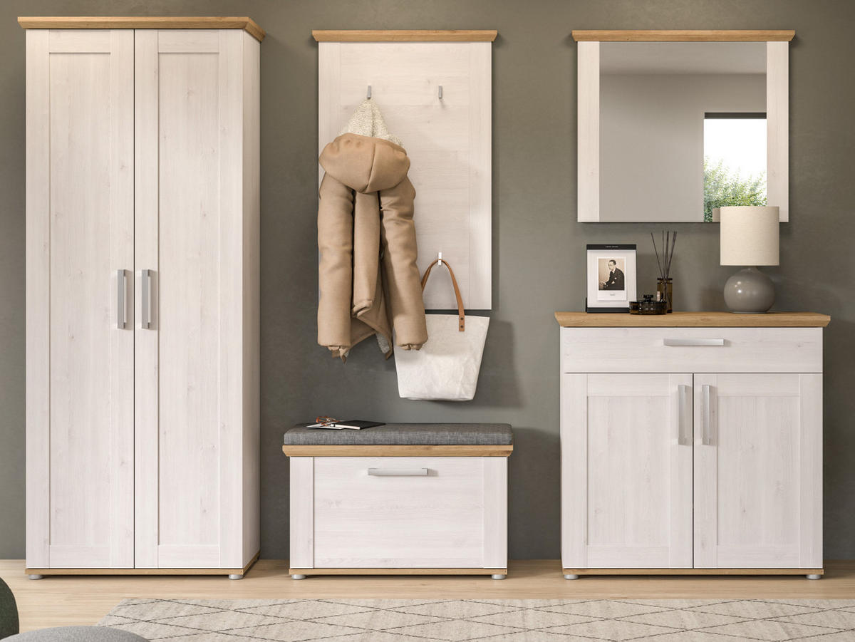 GARDEROBE Set 5-teilig weiß Lärche 285 cm, Komplettset im Landhaus-Stil - Silberfarben/Weiß, Glas/Holzwerkstoff (285/196/39cm) - Inn.Furn