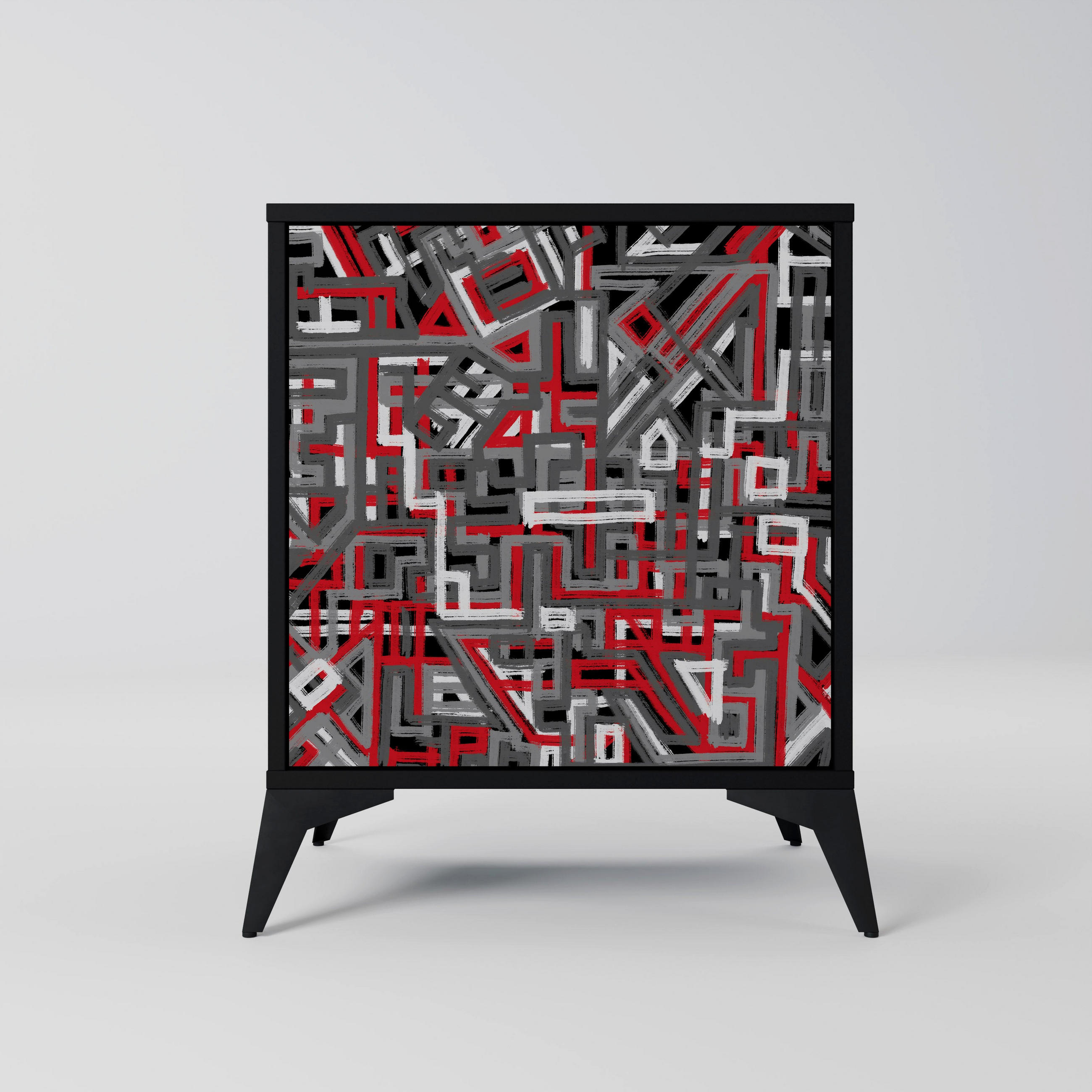 SIDEBOARD BROKEN LINES, Schwarz, 57,5x42x70,5 cm, Schwarze Metall-Sternfüße - Multicolor/Schwarz, Holzwerkstoff/Metall (57.5/70.5/42cm) - SpaceRebels
