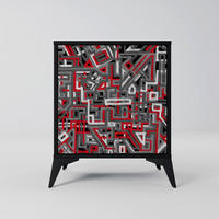 SIDEBOARD BROKEN LINES, Schwarz, 57,5x42x70,5 cm, Schwarze Metall-Sternfüße - Multicolor/Schwarz, Holzwerkstoff/Metall (57.5/70.5/42cm) - SpaceRebels