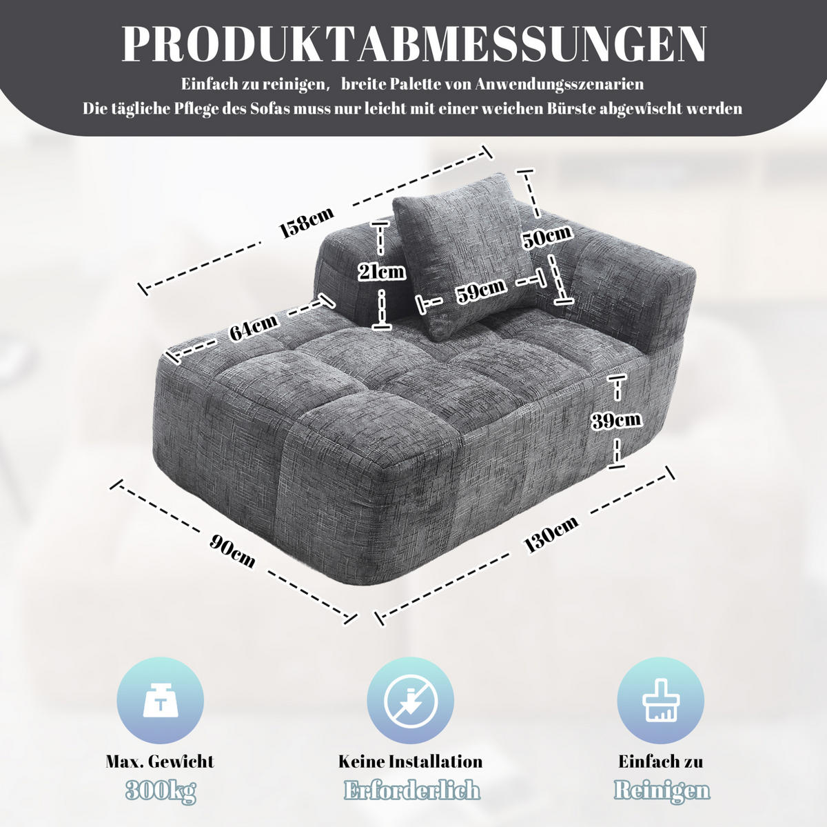 SOFA s ležaljkom, 158/90/60 cm, ženil siva, s bočnim džepovima i jastukom - siva, tekstil (60/158/90cm) - BEAOK