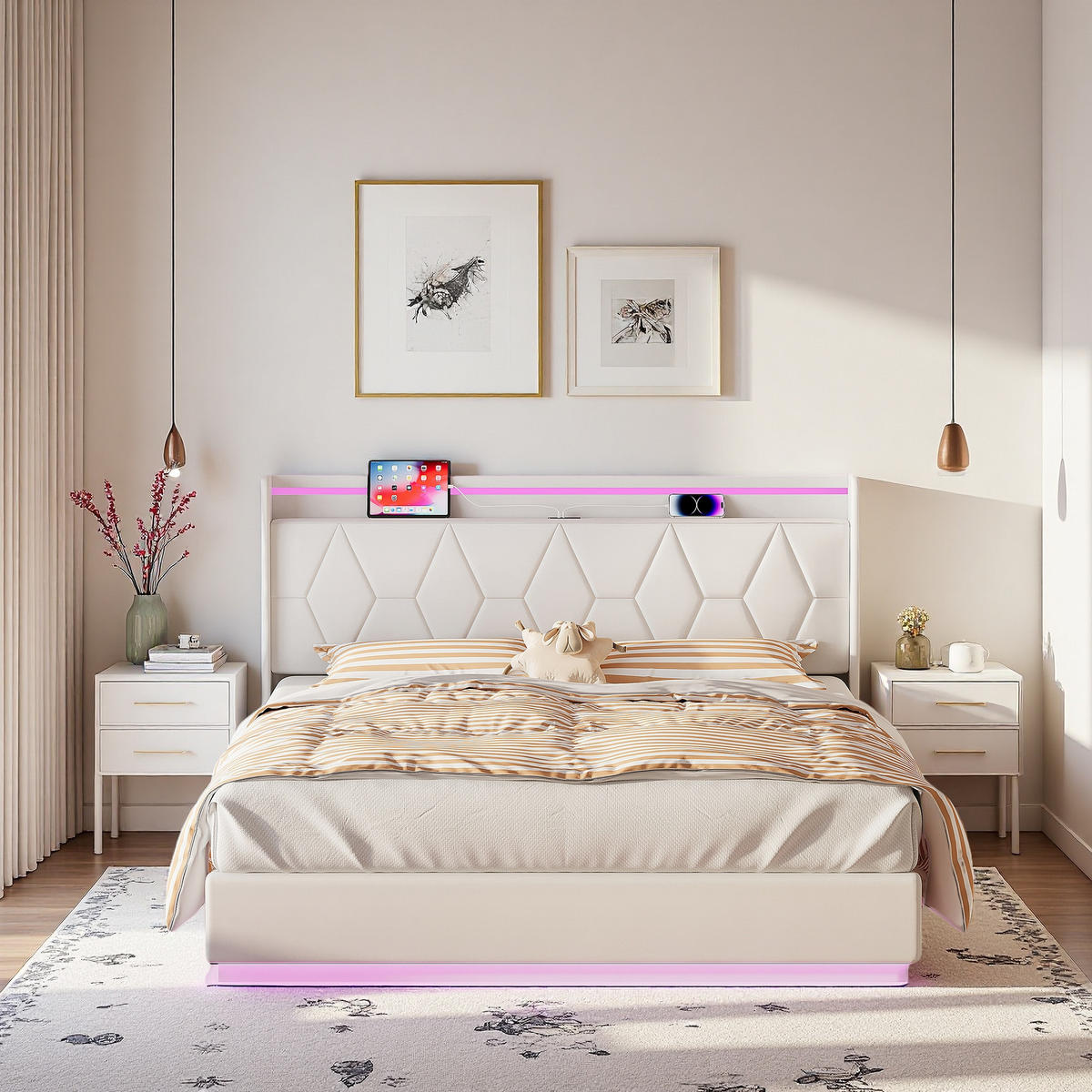 POLSTERBETT 140x200 cm LED USB Stauraum Lattenrost Samt weiß - Weiß, Holz (140/200cm) - LEBENLANG