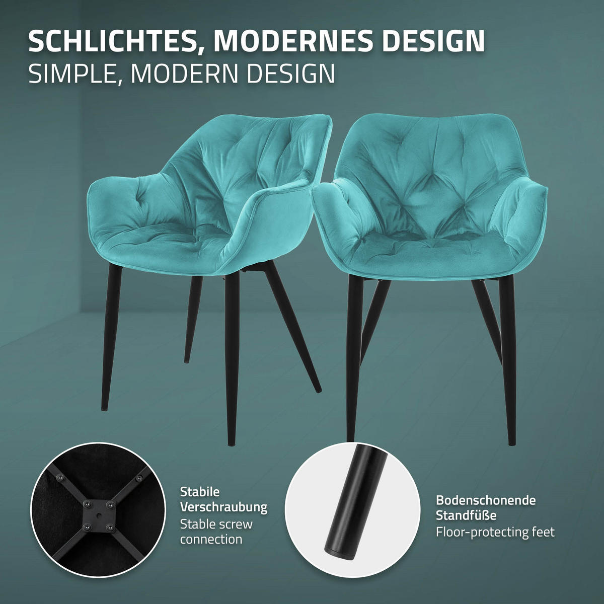 JÍDELNÍ ŽIDLE, sada 2 ks, petrolový samet - modrá/černá, kov (67/83/59cm) - ML-DESIGN
