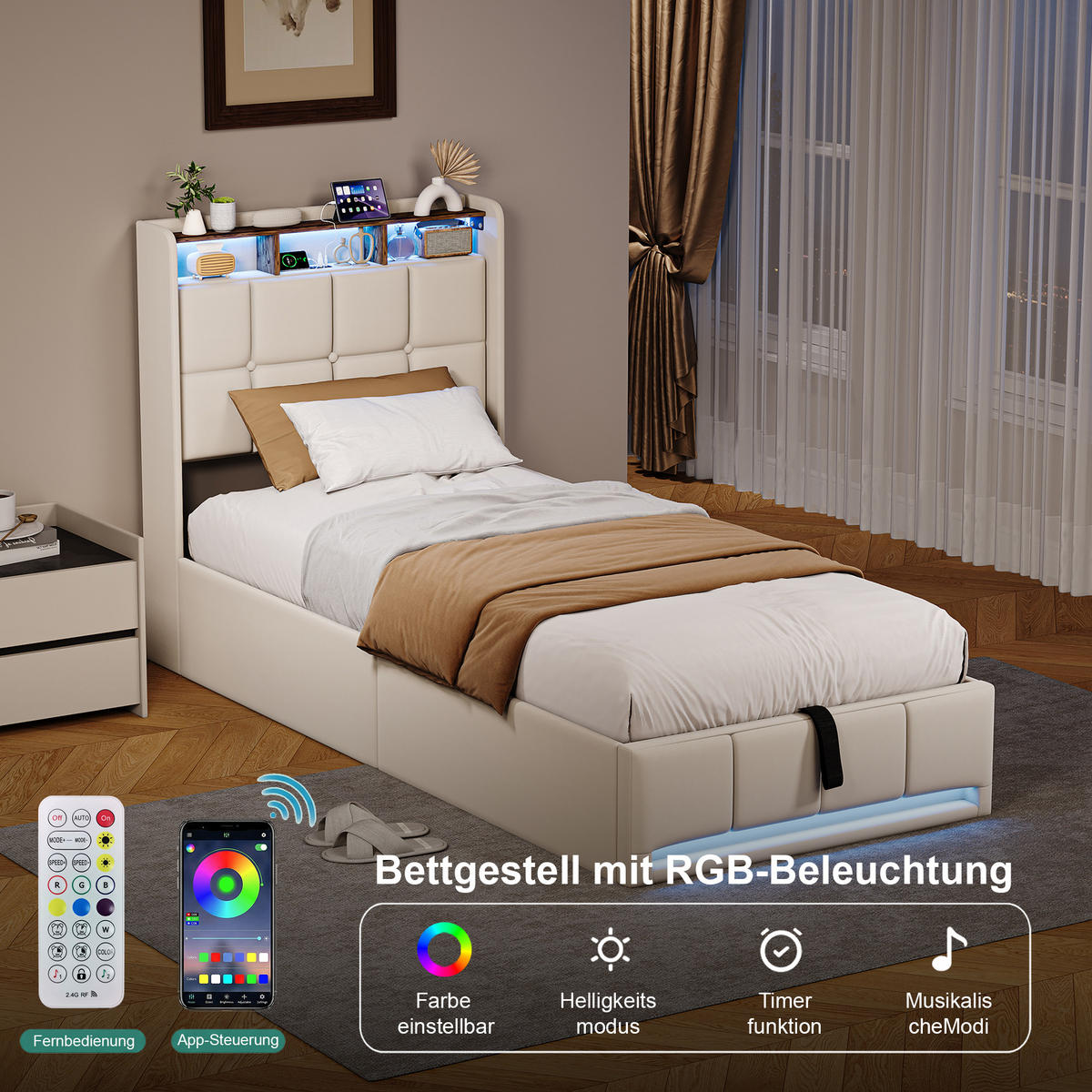 POLSTERBETT 90x200 cm Beige mit LED Beleuchtung, Kopfteil mit Stauraum und USB/Type-C, hydraulisches Stauraumbett - Beige, Metall (90/200cm) - EuroLiving