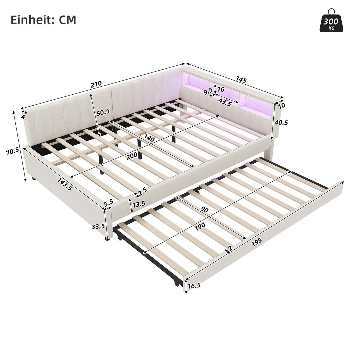 BETT mit Ablagefach und USB-Anschlüssen mit LED-Beleuchtung Leinen Beige 140/200 cm - Beige, Textil (140/200cm) - OKWISH
