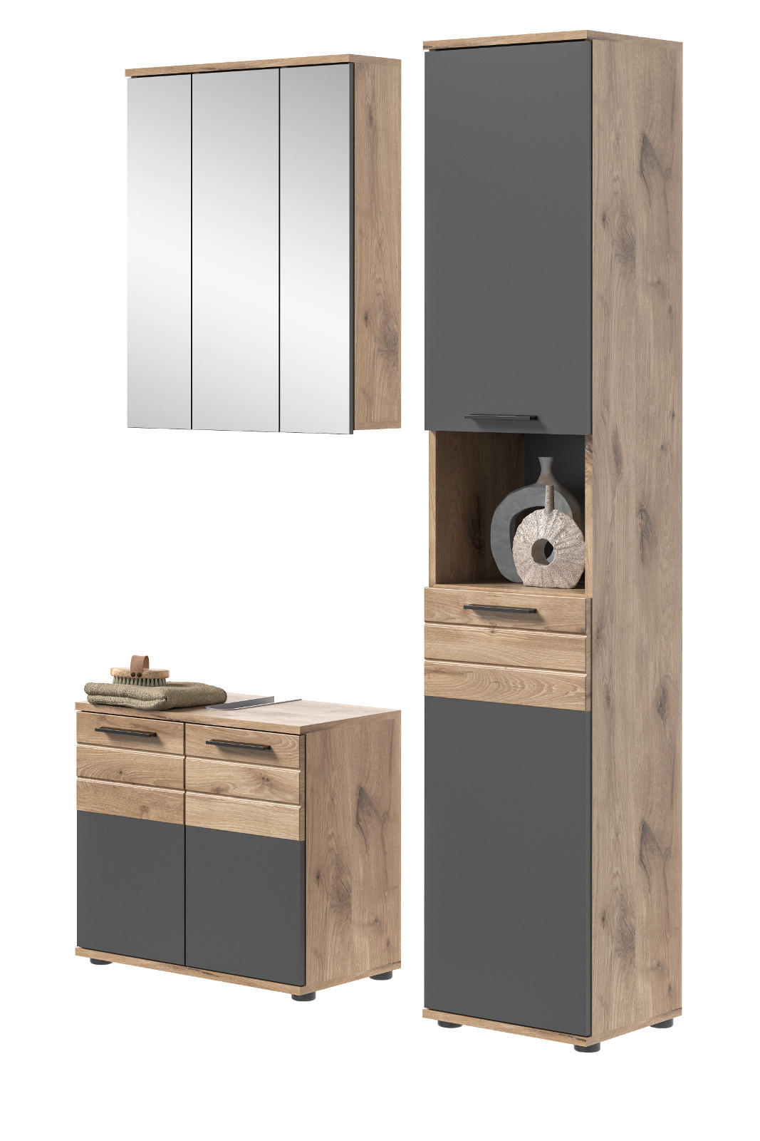 BADMÖBEL-SET Eiche, grau 3-teilig 112 cm mit Soft-Close, Badezimmermöbel - Eichefarben/Grau, Glas/Holzwerkstoff (112/190/34cm) - Inn.Furn