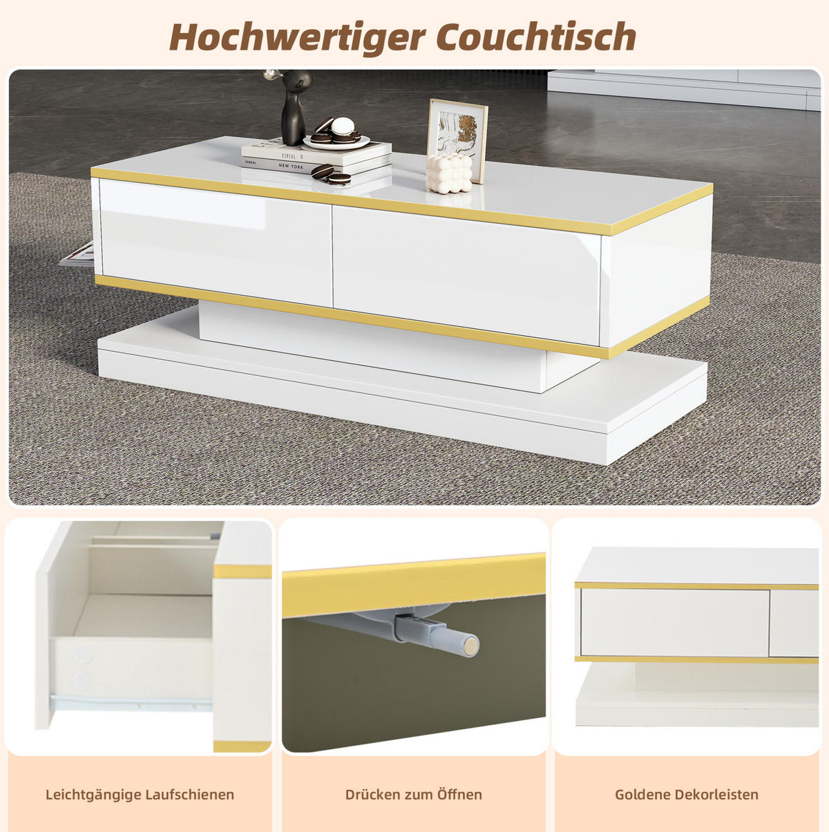 COUCHTISCH 100/50/38 cm mit 2 Schubladen, Hochglanzoberfläche aus Spanplatte und einzigartiger Form, Warmweiß/Gold - Weiß, Holzwerkstoff (100/50/38cm) - Redom