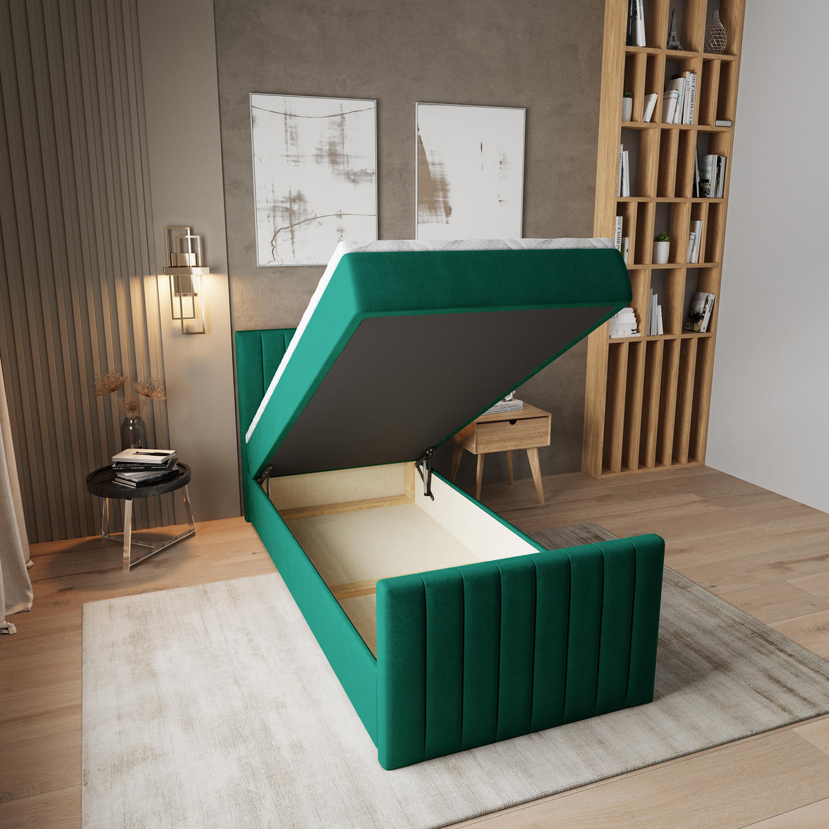 BOXBETT ARION 80 80x200 cm mit Matratze und Topper, H2+H3 - Grün - Grün, Holz (80/200cm) - MASSENO