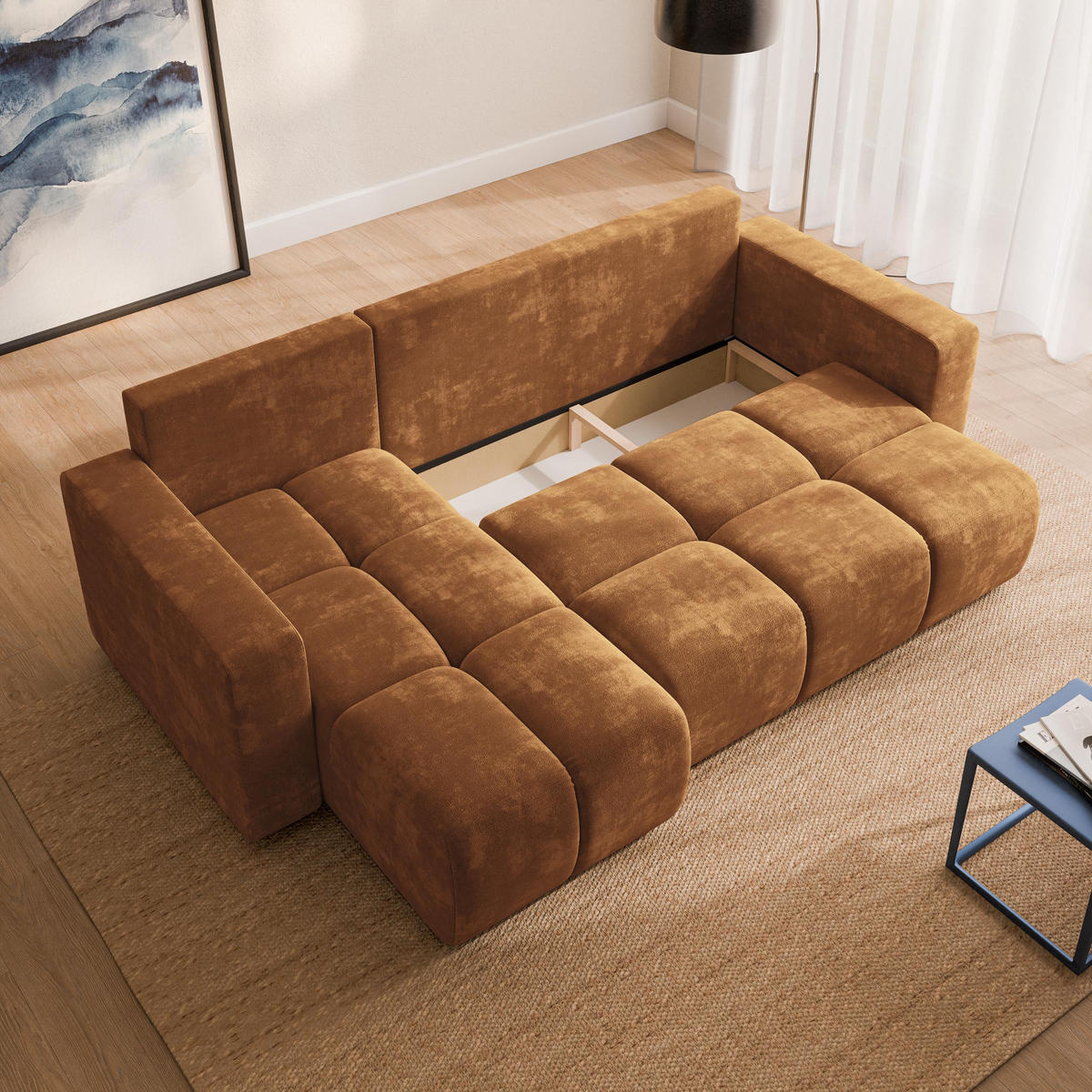 ECKSOFA RAMIL Hellbraun Chenille mit Schlaffunktion - Hellbraun, Holz (240/149cm) - MASSENO