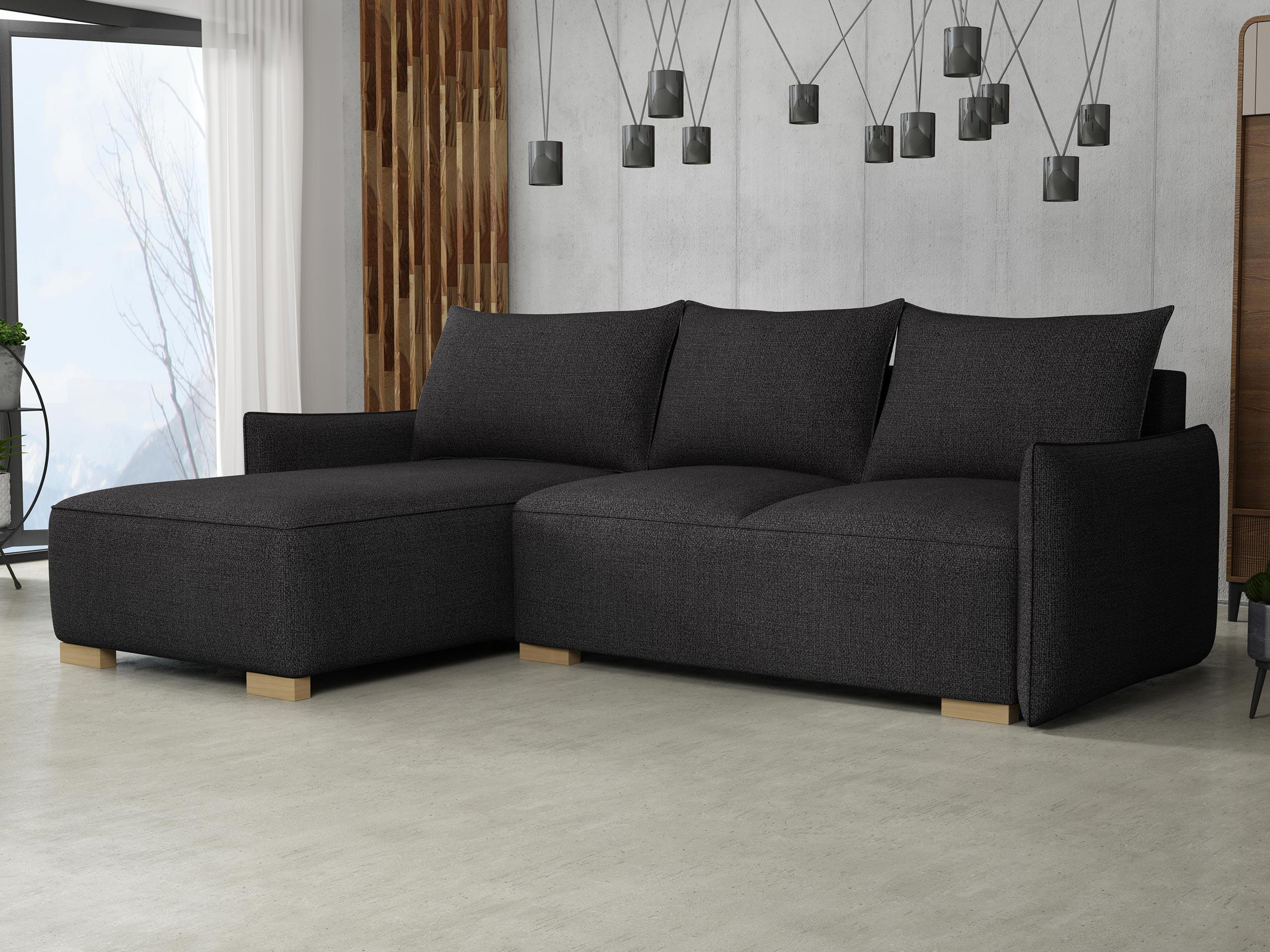 ECKSCHLAFSOFA Focus L - Schwarz/Naturfarben, Holz/Textil (240/155cm) - MIRJAN24