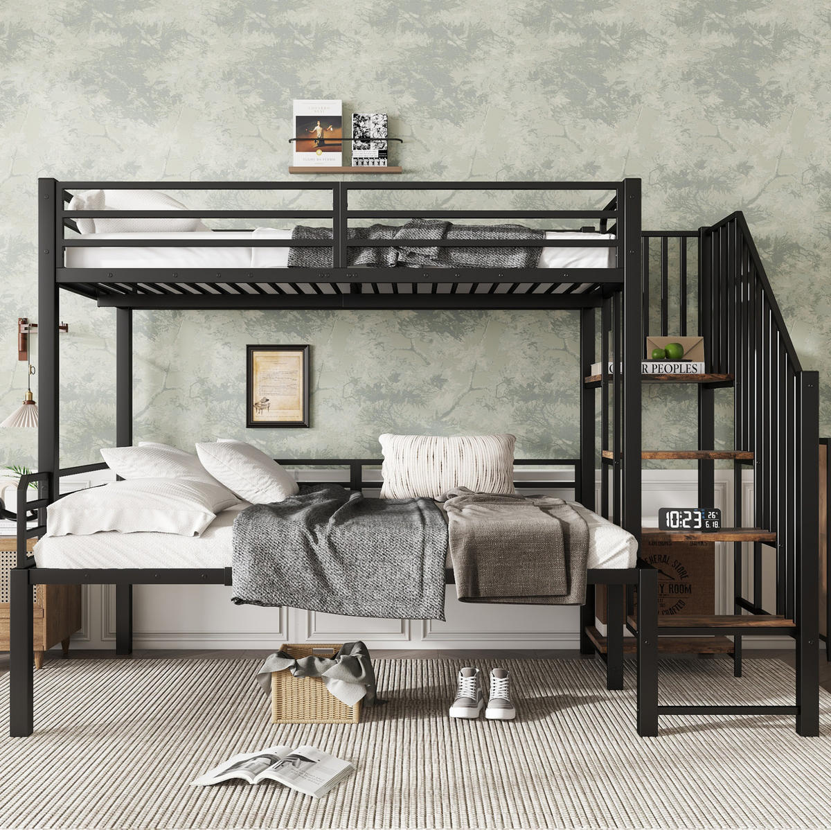 ETAGENBETT aus Metall und MDF 90/120x200 cm Schwarz/Vintage-Holzfarbe mit Eckleiter, Stauraum und Sicherheitsgittern - Schwarz, Holzwerkstoff (90/200cm) - Modfu