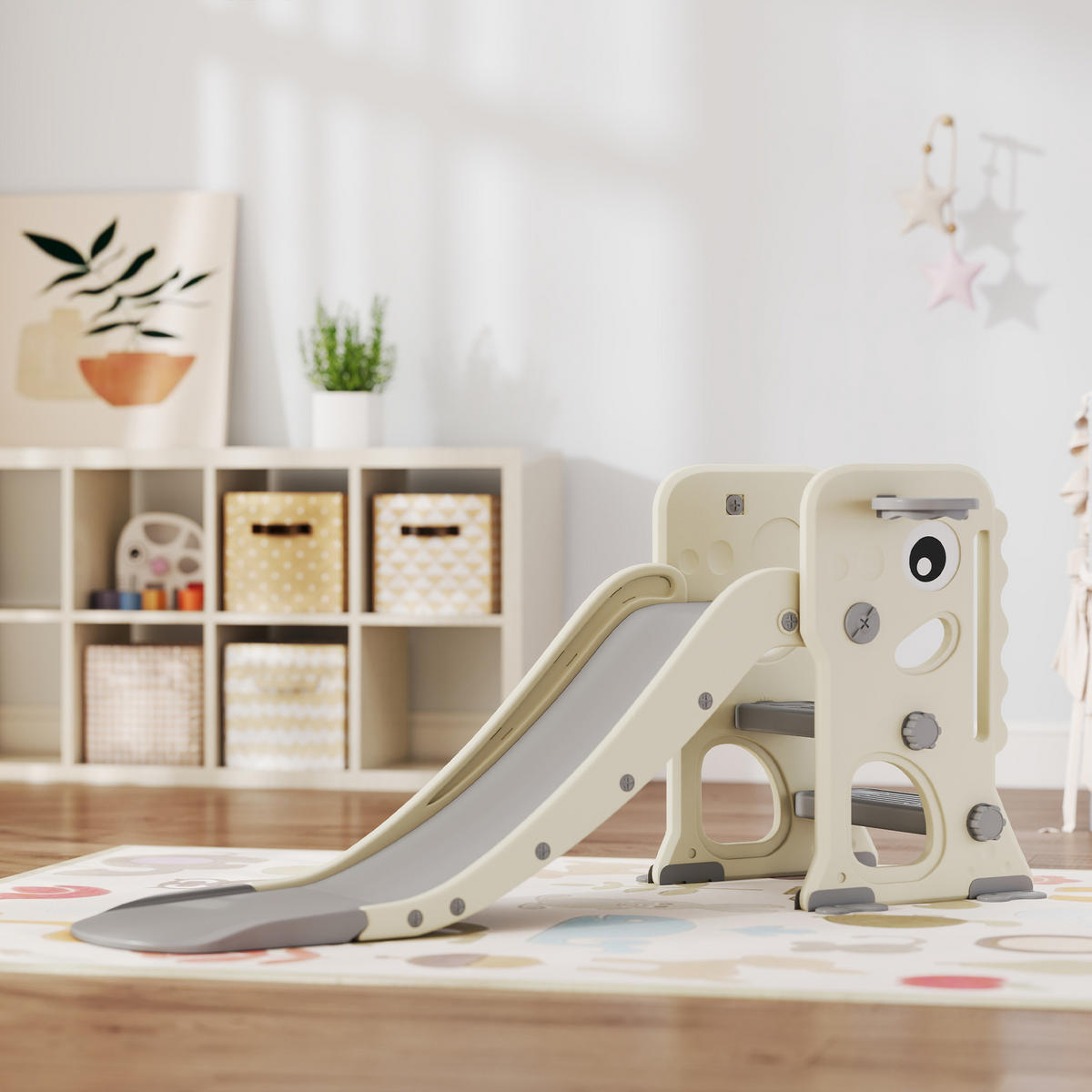 KINDERRUTSCHE 3 in 1 klappbar Kleinkinderrutsche mit Basketballkorb, Schnallen - Creme, Kunststoff (52/65/146cm) - AIYAPLAY