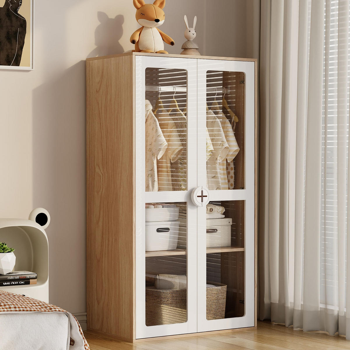 KINDERREGAL in Weiß Schlafzimmermöbelset inkl. Kleiderschrank und Kommode für Schlafzimmer, B80/T50/H150cm - Transparent/Weiß, Holzwerkstoff/Kunststoff (80/150/50cm) - STILVORA