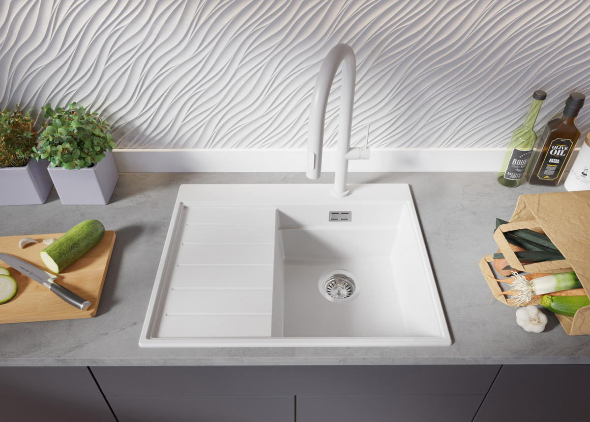 SPÜLBECKEN Sydney, 2-er set Weiß 62/50 cm 1 Becken + Ablauf-Set + Küchenzubehörset ab 40er Unterschrank - Chromfarben/Beige, Kunststoff (62/20/50cm) - Primagran