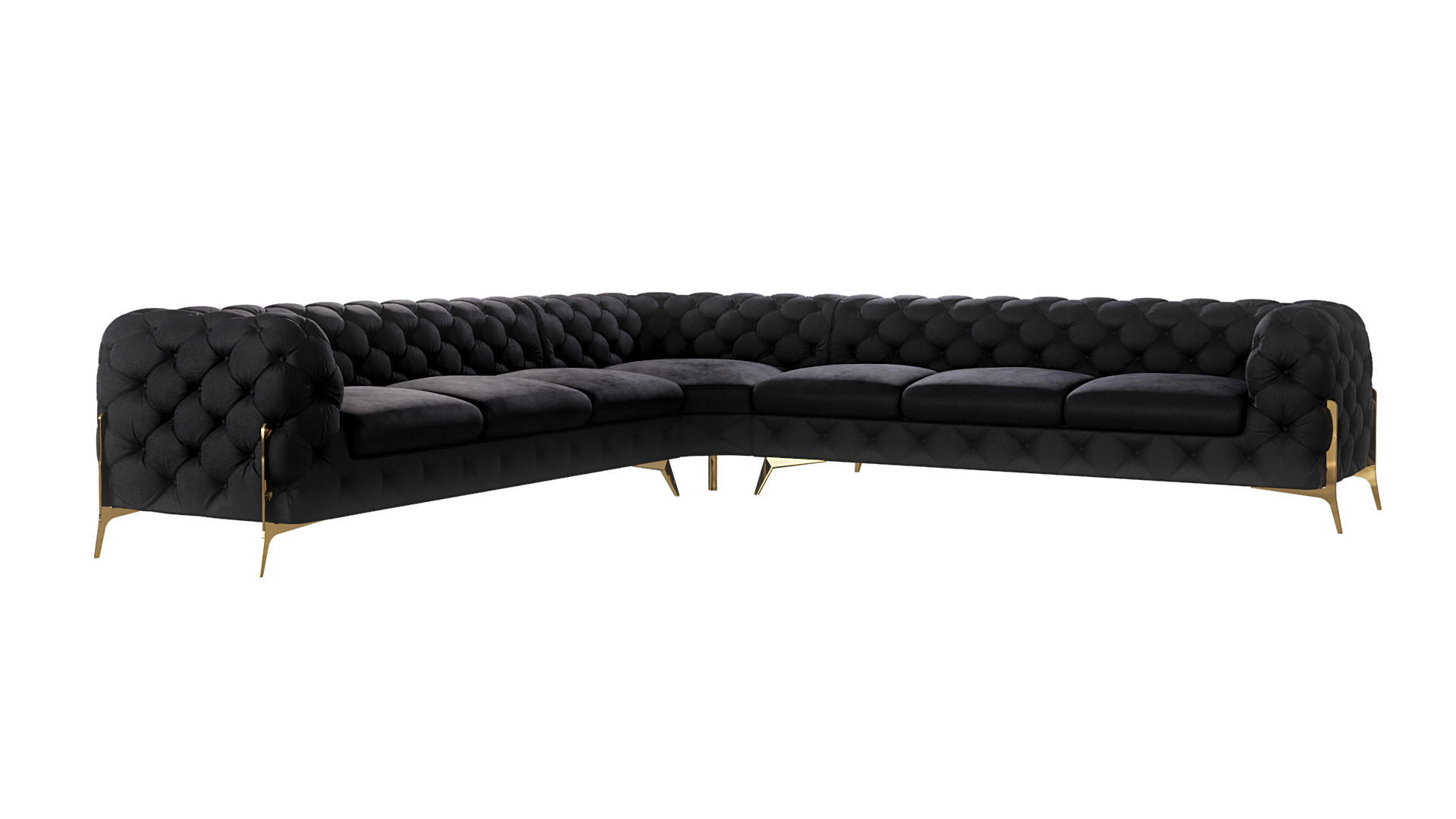 S-Style CHESTERFIELD ROHOVÁ SEDAČKA Lexi z černého sametu se zlatými nohami