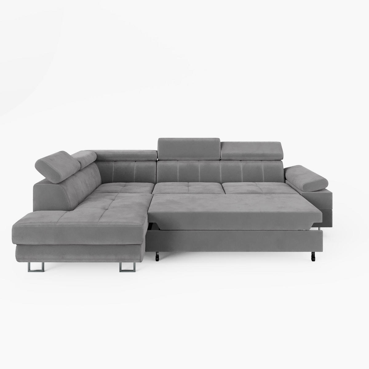 ECKSOFA CAROLINE Links Braun Velours-Stoff mit Schlaffunktion und Bettkasten - Chromfarben/Dunkelbraun, Textil (253/190cm) - Barchello