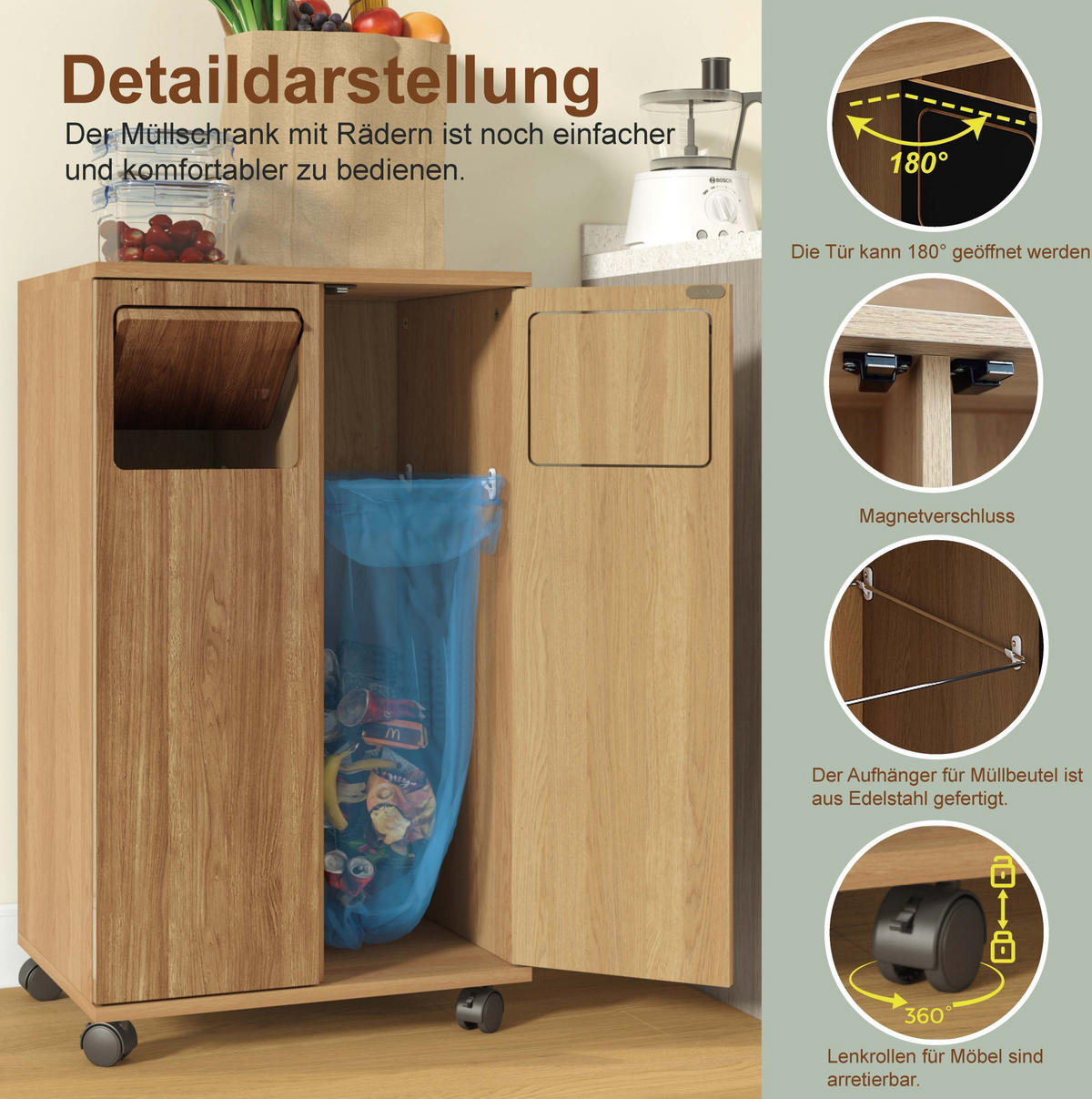 SKRINKA na odpad z MDF 46,7x35x80,3 cm prírodná s 2 priehradkami, kolieskami a 180° dvierkami - prírodná farba, kompozitné drevo (46/80/35cm) - Modfu