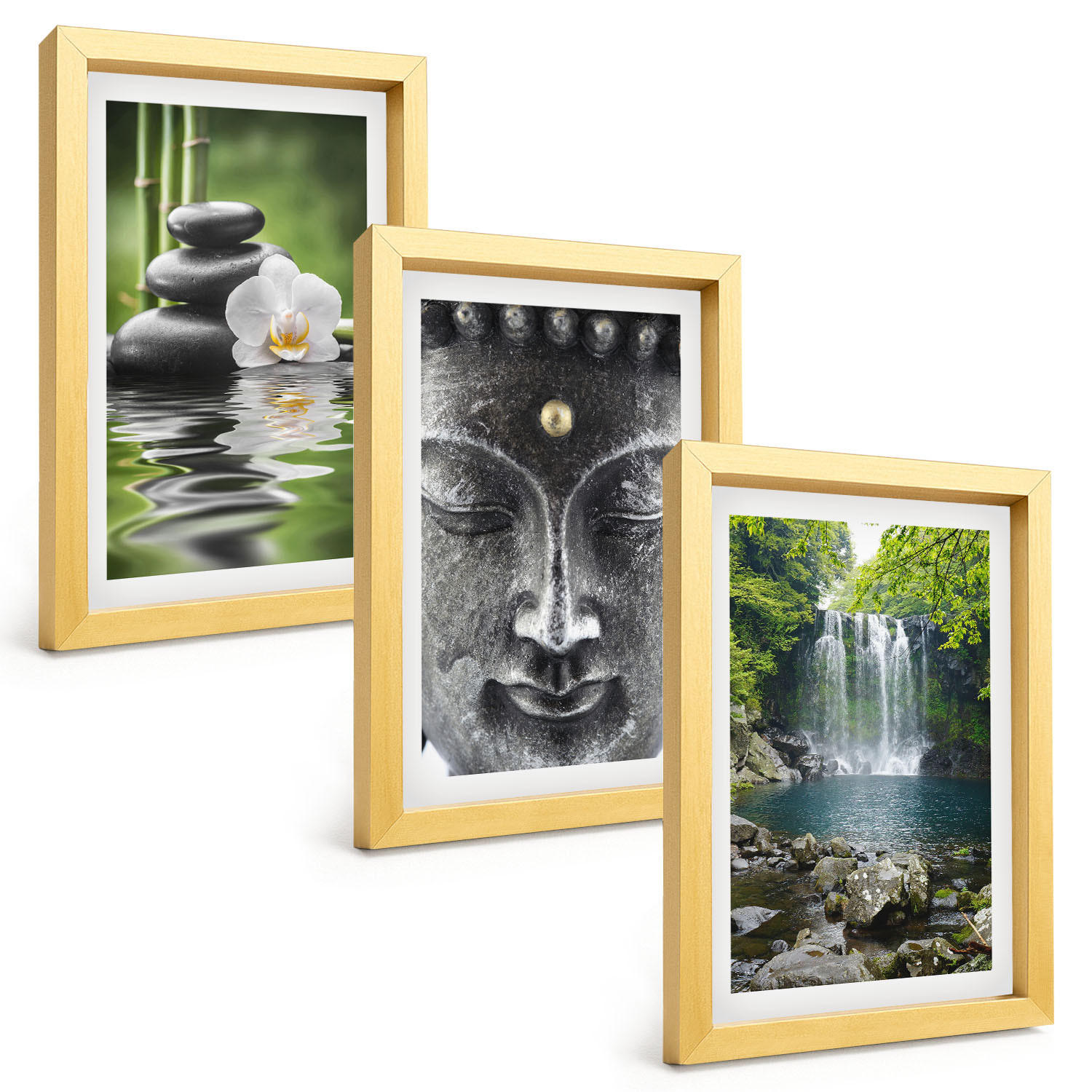 BILDER SET 3er Set - 20x30 cm Goldrahmen - Harmoniesteine Wasser Buddha - Goldfarben, Kunststoff (20/30cm) - TULUP