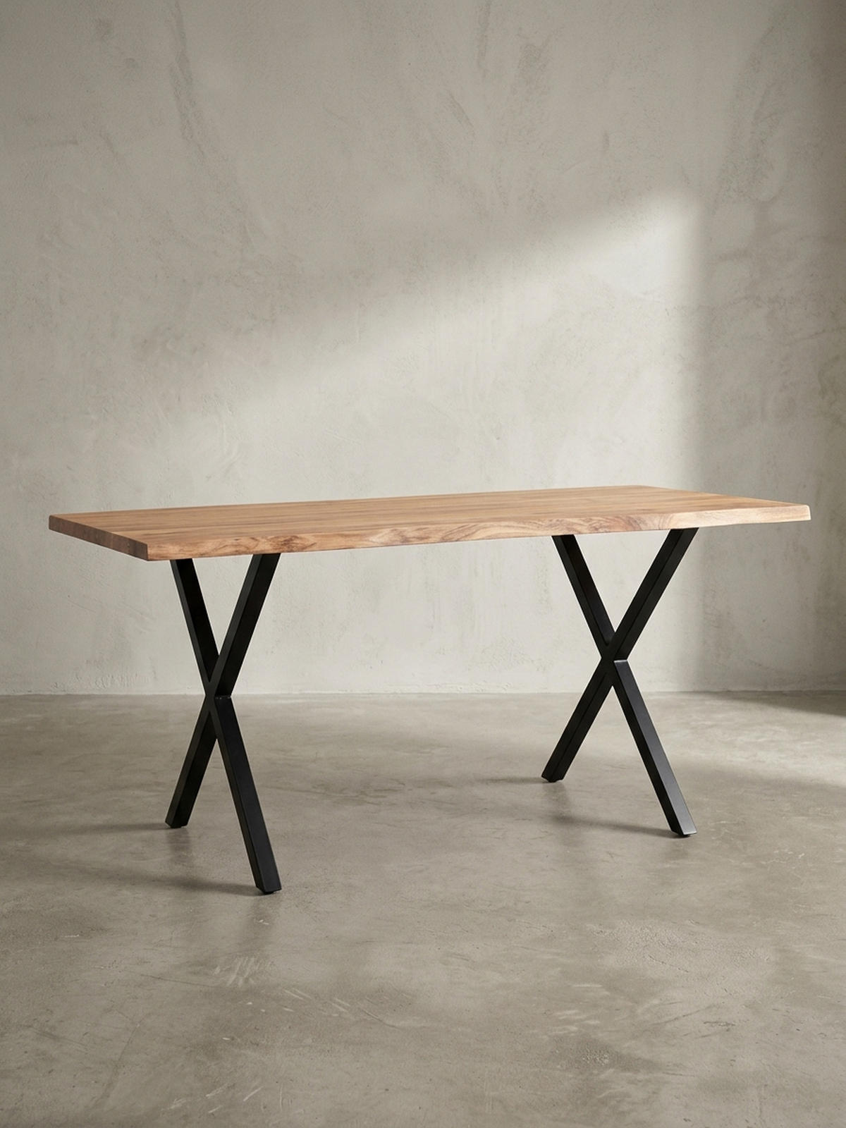 SCHREIBTISCH Massivholz X-Gestell Baumkante Handgefertigt KRETA, Goldbraun-Schwarz 120x60x76 cm - Schwarz/Braun, Holz/Metall (120/60/76cm) - KADIMA DESIGN