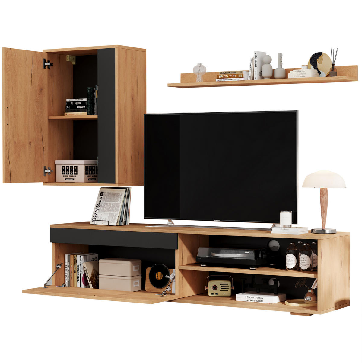 WOHNWAND / Lowboard 140/35/39 cm, 3-teilig, mit Soft-Close und Wandregal - Naturfarben, Holzwerkstoff (140/39/35cm) - BEAOK