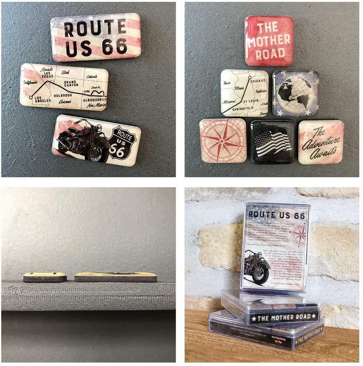 MAGNETSET 9-teilig US Highways Route 66 Bike Map - Multicolor, Metall (9/7/2cm) - Nostalgic-Art
