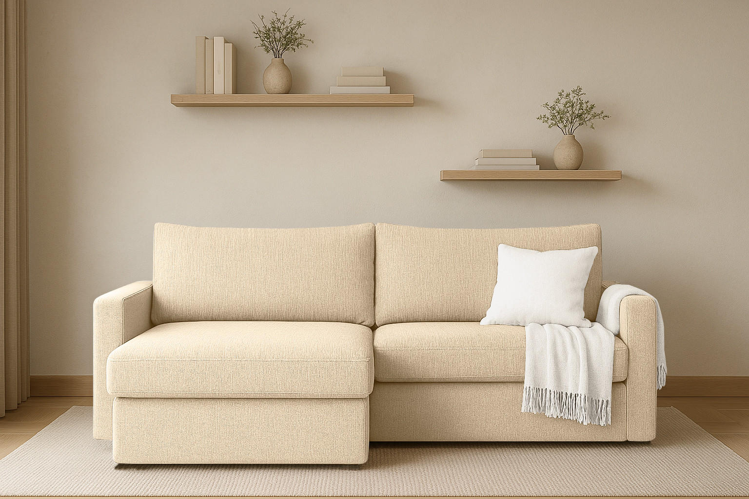 ECKSOFA Mit Schlaffunktion Und Bettzeugablage LUBEKA Stoff Faro Ecru Links - Ecru, Holz (140/147cm) - Kaiser Möbel