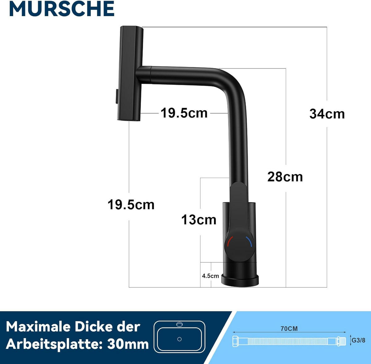 WASCHTISCHARMATUR Mareussa 23/14/28 cm - Schwarz, Metall (23/14/28cm) - ZMH