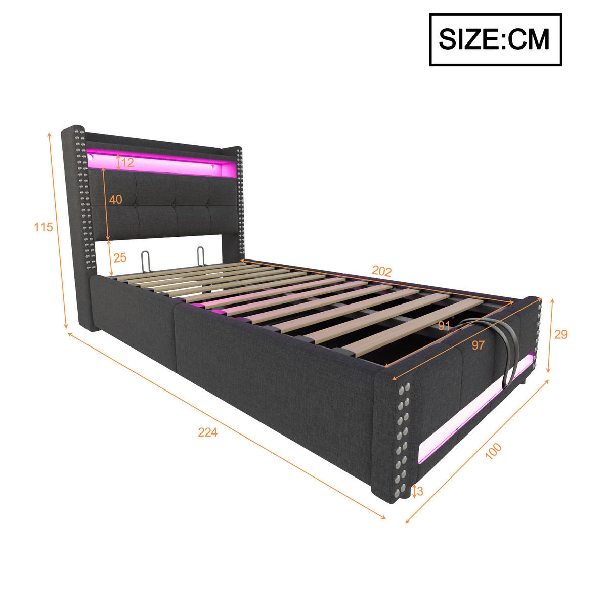 POLSTERBETT 90/200 cm Grau mit LED-Beleuchtung, USB-Anschluss und Stauraum - Grau, Textil (90/200cm) - Flora Grace