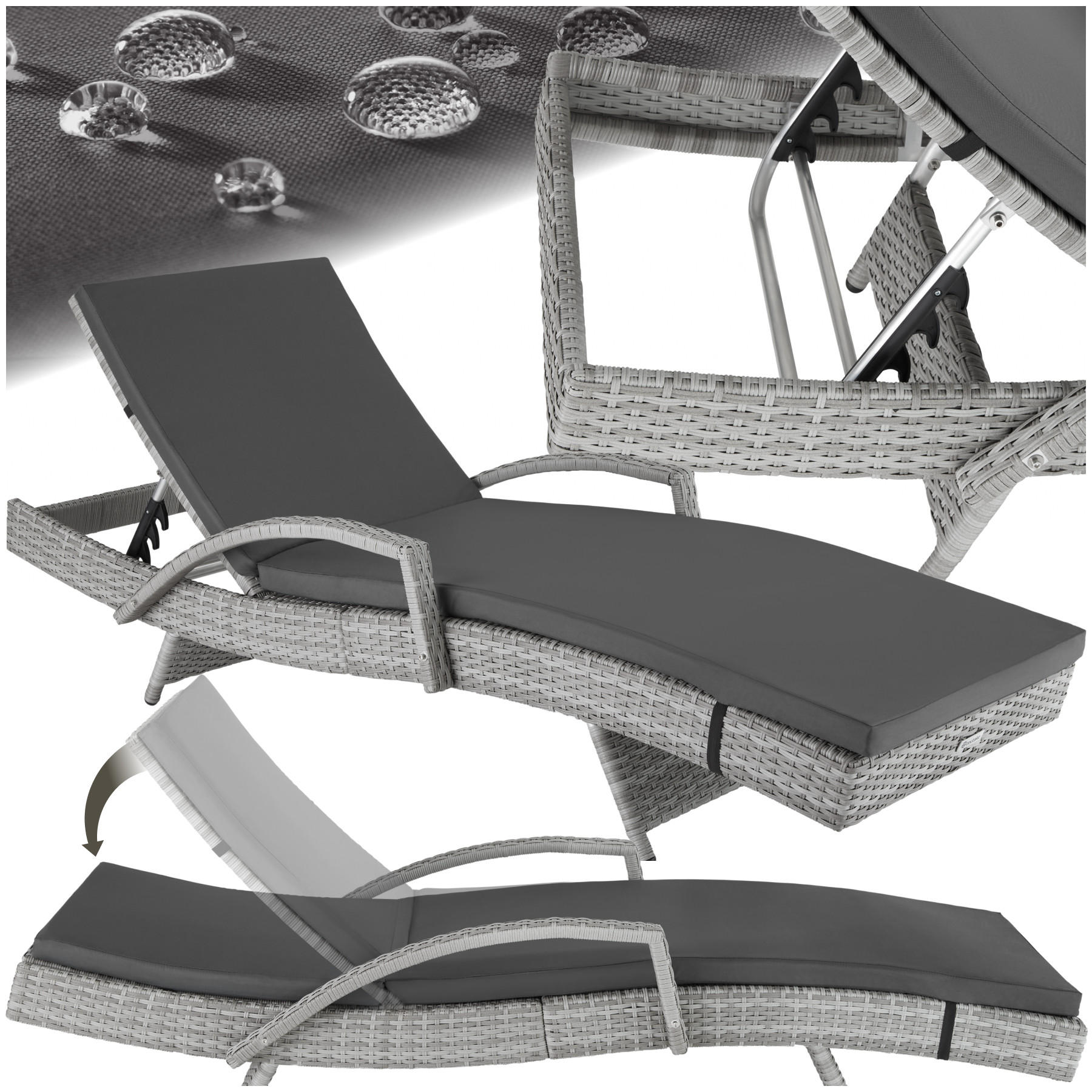 RATTAN-SONNENLIEGE Océane,190 x 71 x 34 – 74,5 cm,hellgrau - Hellgrau, Kunststoff (71/74.5/190cm) - tectake