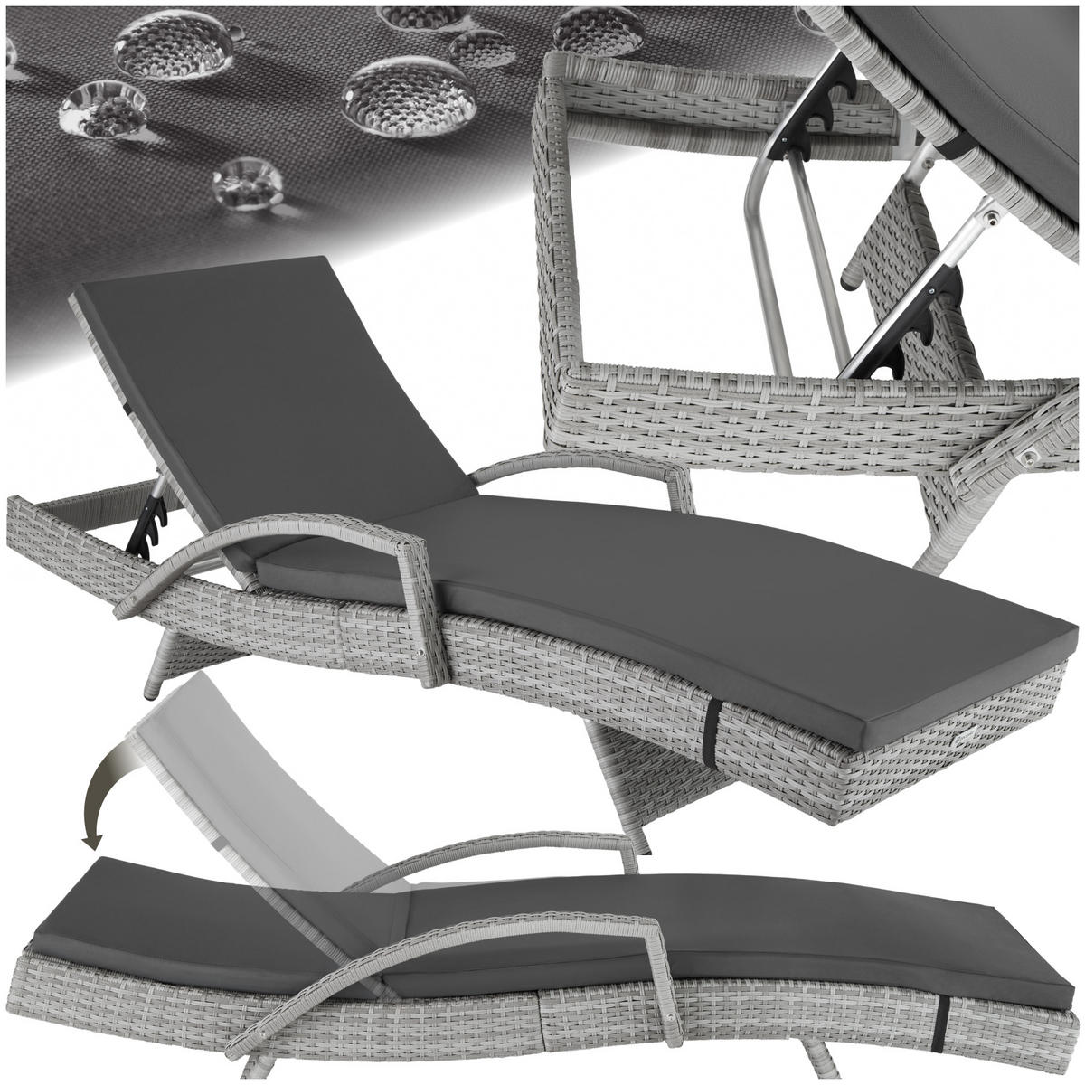RATTAN-SONNENLIEGE Océane,190 x 71 x 34 – 74,5 cm,hellgrau - Hellgrau, Kunststoff (71/74.5/190cm) - tectake